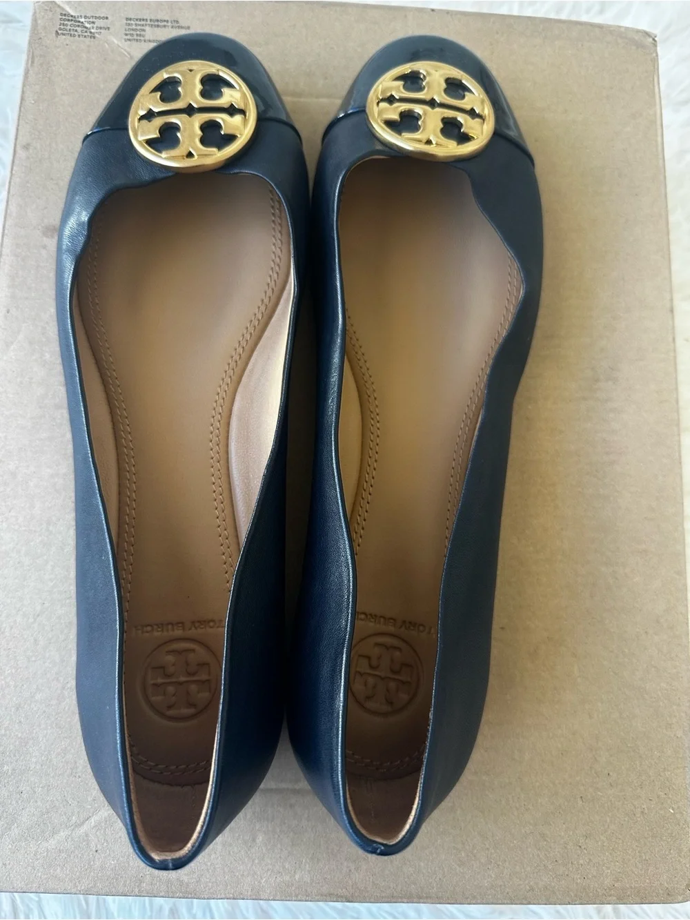 Tory Burch Chelsea Ballet Flats Black Leather Patent Cap Toe Gold Logo Size 8M